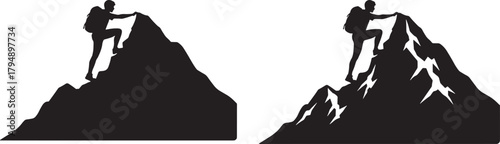 Two climbers reaching the summit of a rocky mountain peak in silhouette isolated on transparent background