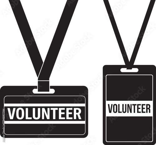 Two black silhouette volunteer badges with lanyards isolated on transparent background