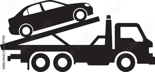 Black silhouette of a tow truck carrying a car on its flatbed isolated on transparent background