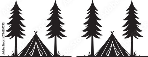 Two native american teepee tents and four tall pine trees in a dark silhouette isolated on transparent background