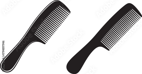 Two black silhouette hair combs shown from the side isolated on transparent background
