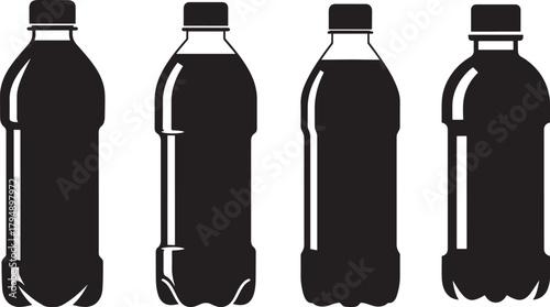 Four black silhouette soda bottles with caps isolated on transparent background