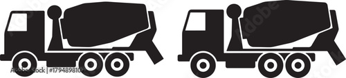 Two identical black concrete mixer truck silhouettes isolated on transparent background