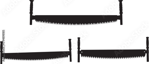 Three vintage two person crosscut saws in silhouette isolated on transparent background