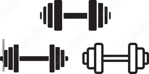 Three dumbbell silhouettes representing weightlifting and fitness isolated on transparent background