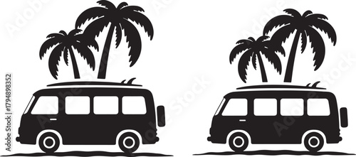 Two retro camper vans with surfboards and palm trees silhouette isolated on transparent background