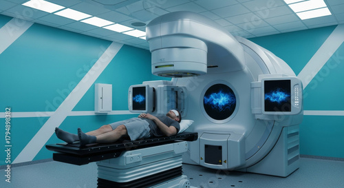 Man lies on table under radiation therapy machine in light blue medical room, with digital screens for monitoring cancer treatment.