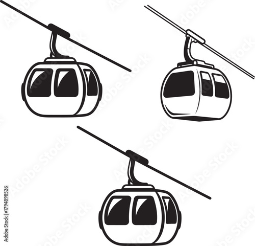 Three ski lift cabins in silhouette isolated on transparent background
