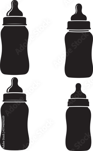 Four black baby bottles silhouette isolated on transparent background