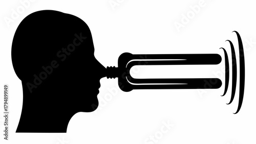Silhouette of a head with a tuning fork on the nose emitting sound waves in black and white illustration