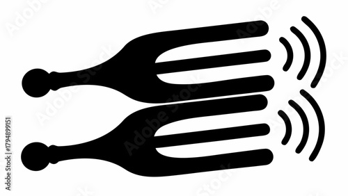 Two black tuning forks aligned vertically with sound waves emanating from the right side shown in black