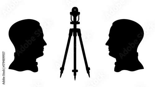 Silhouette of two heads facing each other with a theodolite in the center in black and white view