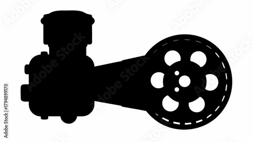 Silhouette of a mechanical assembly featuring a cylindrical engine and a spoked wheel design element