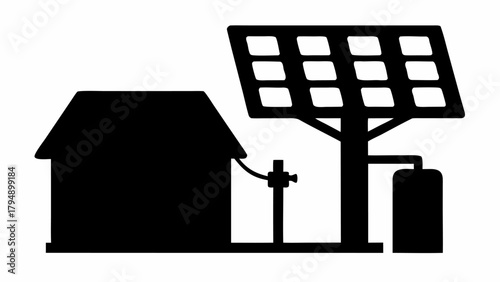 Silhouette of a house connected to a solar panel system with a tank on a white background scene
