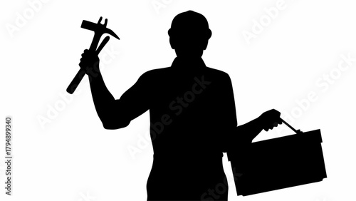 Silhouette of a construction worker holding tools and a toolbox in a black and white illustration