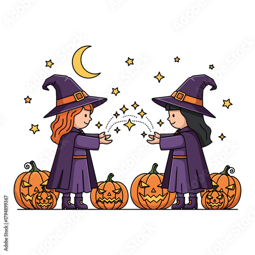 Cute Cartoon Witches Casting Magic with Jack-o'-Lanterns on Halloween Night, Stars and Moon