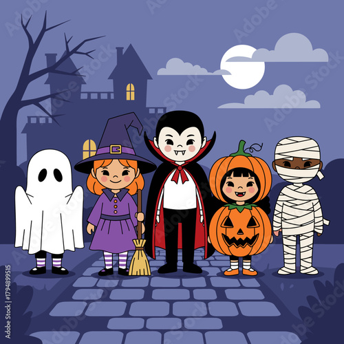 Cute cartoon kids in Halloween costumes: ghost, witch, vampire, pumpkin, mummy on a spooky night