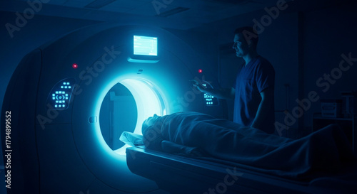 A patient undergoes a CT scan in a dimly lit diagnostic imaging room. The scene is bathed in blue light, highlighting the scanner and medical staff.