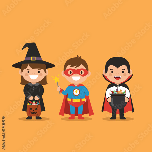 Happy children in witch, superhero, and vampire costumes for Halloween