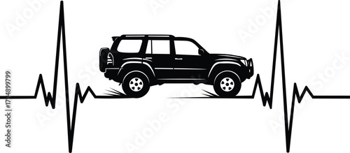 Off-Road Adventure Pulse: Heartbeat for SUV Lovers and Automotive Thrill Seekers, Showing Passion for Exploring in a Rugged Style, a Monochromatic Emblem