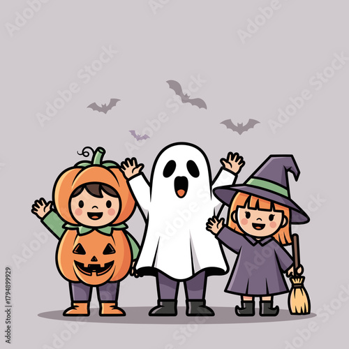Cute Cartoon Kids in Halloween Costumes: Pumpkin, Ghost, and Witch Characters with Flying Bats