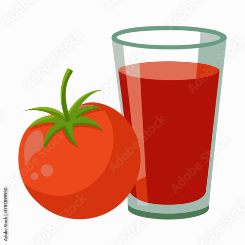 A bright red tomato sits next to a clear glass filled with vibrant red tomato juice.