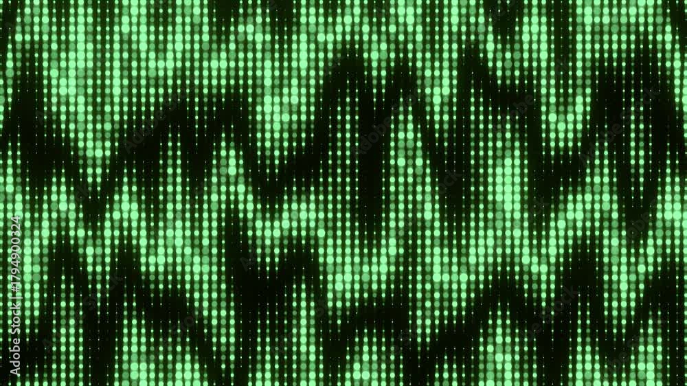 Seamless loop of glowing green dots forming a wave or visual musical pattern.