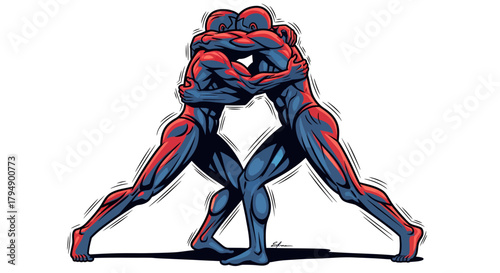 Two muscular wrestlers grappling in an intense embrace.