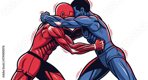 Two muscular wrestlers in a grappling hold, showcasing strength and combat.