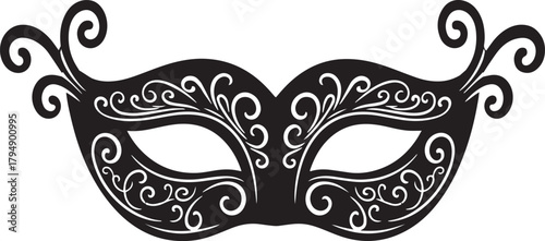 Masquerade Mask Silhouette Vector – Ornate Half-Face Mask with Curling Details, Elegant Party and Costume Concept, Minimal Black Illustration on White Background