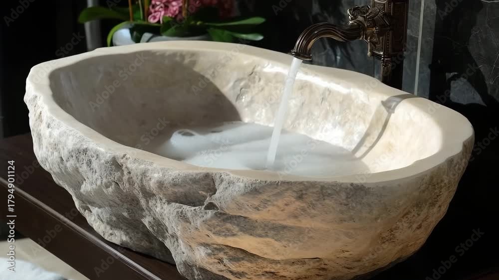 Elegant stone sink with flowing water captured in soft light during a serene bathroom setting