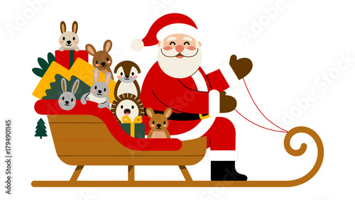 Jolly Santa's Christmas Ride: Santa Claus, a jovial figure, guides a sled filled with gifts, his animal companions nestled beside him, embodies the spirit of Christmas, the season of giving.