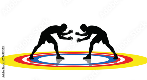 Two wrestlers in silhouette facing each other on a colorful wrestling mat.