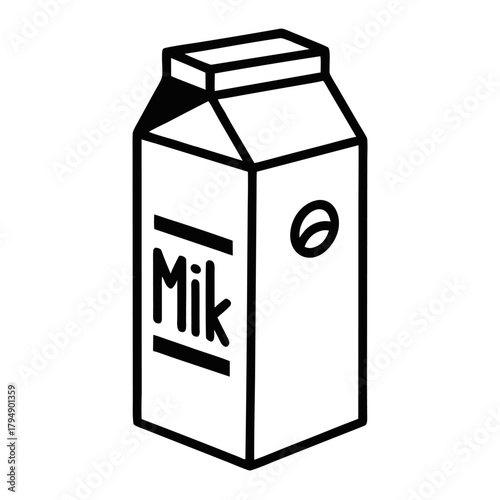 A minimalist line drawing of a milk carton with the word Milk written on its side and a small circular logo.