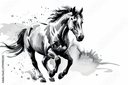 Dynamic watercolor painting of a galloping horse in black and white