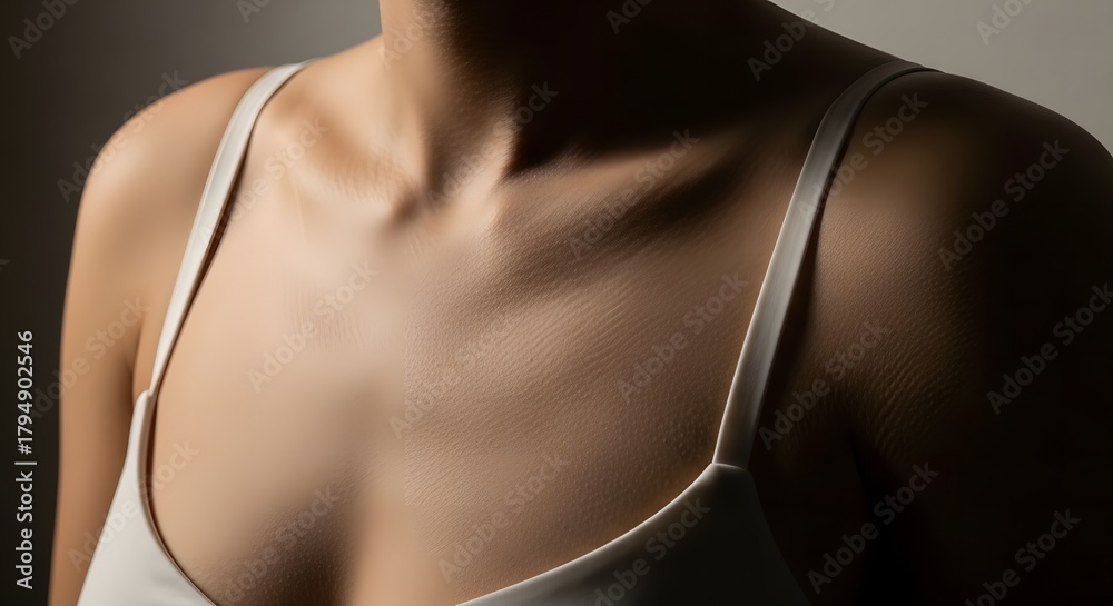 Obraz premium Close-up shot of a person's upper body, focusing on the collarbone and chest, wearing a white bra.