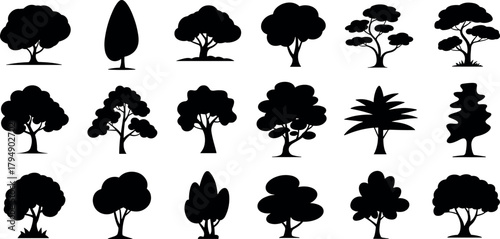 Tree silhouettes vector icons, nature forest clipart, deciduous conifer evergreen trees, landscape design elements, botanical illustration set, environment symbols bundle
