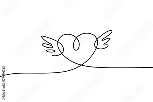 Minimalist single line drawing of a heart with wings