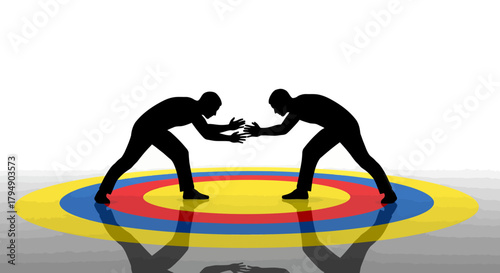 Two wrestlers silhouetted on a colorful target, ready to compete in a match.