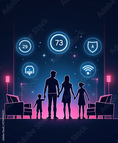 Minimalist neon-tech smart home silhouette illustration with glowing holographic controls, smart lighting indicators, voice assistant waves, and futuristic UI elements.