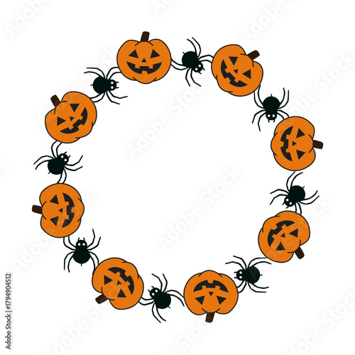 Simple vector circle frame with spiders and pumpkins.