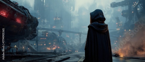 Person in dark cloak futuristic city
