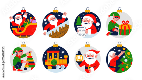 Joyful Christmas Ornament Collection: A delightful collection of festive Christmas ornaments, each adorned with a unique holiday scene featuring charming elves and Santa.