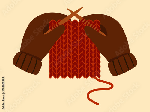 Cozy Winter Knitting Hands in Mittens with Yarn and Needles.