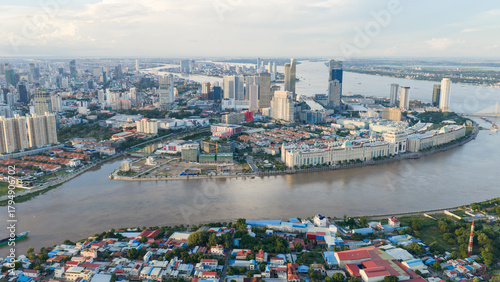 Skyline cityscape view of the river waterfront of Phnom Penh with the Tonle Sap and Mekong river located in Phnom Penh, Cambodia