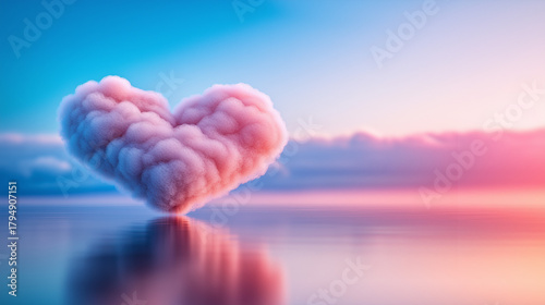 A pink cloud shaped like a heart floats above the water, reflecting and refracting its colors across the surface.	