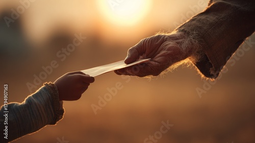Child giving gift to senior person