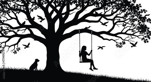 Silhouette of a girl on swing with dog and birds under tree