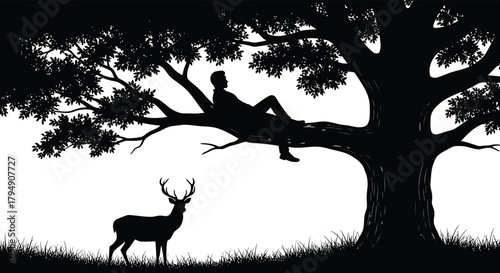 Silhouette of a man relaxing on a tree branch with deer