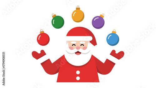 Santa's Festive Juggling Act: A joyful illustration of Santa Claus, showcasing the spirit of Christmas, juggling colorful ornaments with glee. Perfect for the holiday season!
